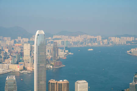 HongKong, China - November, 2019: Skyline of Hong Kong, city aerial view from Victoria Peak on sunny dayのeditorial素材