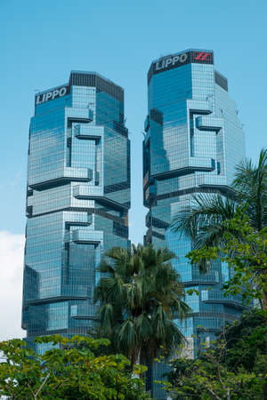 HongKong, China - November, 2019: The Lippo center twin towers, iconic modern architecture buildings in Hong Kong.のeditorial素材