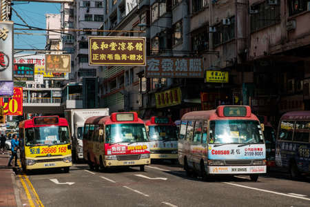 Hong Kong, November, 2019: Mini bus station in Hong Kongのeditorial素材
