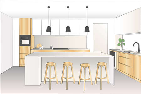 kitchen illustration, interior sketch drawingのイラスト素材