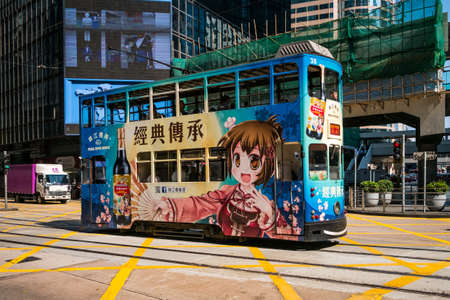 Hong Kong, November, 2019: Tram Train / tramway in Hong Kong,のeditorial素材