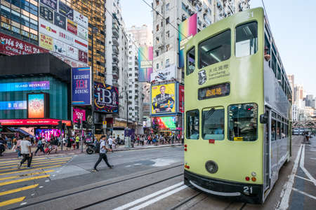 Hong Kong, November, 2019: Tram train on street in shopping district (Causeway Bay) in Hong Kong cityのeditorial素材