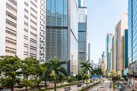 Hong Kong, November, 2019: Business district of Hong Kong City, street traffic and modern skyscraper buildingsのeditorial素材