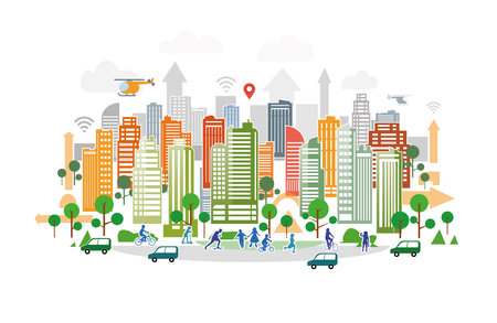 smart city illustration, urban landscape skyline with skyscraper buildings, park and kids playingのイラスト素材
