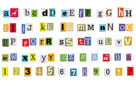 letters and numbers set, colorful alphabet newspaper cutoutのイラスト素材