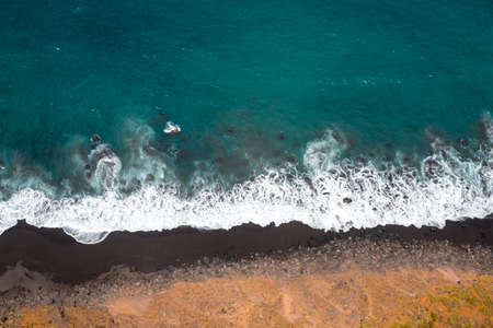beach aerial, ocean waves blue water backgroundの写真素材