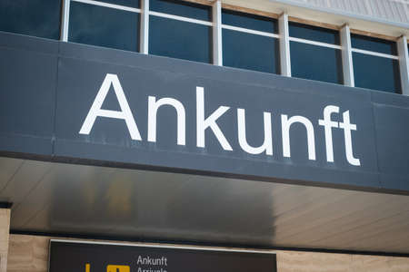 Tenerife, Spain - September, 2021: Arrivals gate sign at Airport (german: Ankunft) gate sign at Airportのeditorial素材