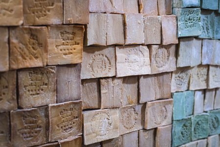 Stack of Aleppo soap bars on market for saleの写真素材