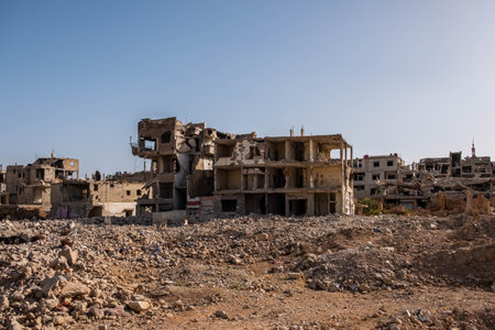 Destroyed residential building ruins in Syrian after Civil War.のeditorial素材