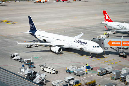 Berlin, Germany - May, 2022: Lufthansa airplane at the Berlin Brandenburg Airport (BER, Willy Brandt)のeditorial素材