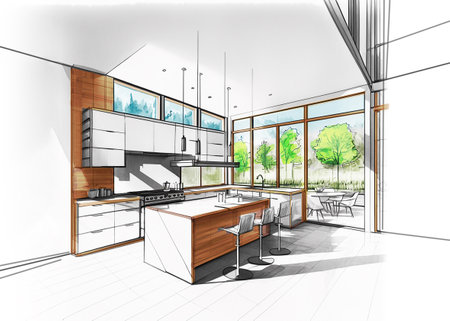 Colored sketch drawing of a modern modern kitchen, architectural designの写真素材
