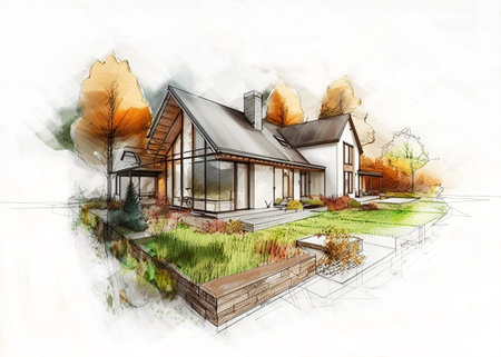 House with garden, architectural sketch or drawingの写真素材