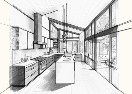 Architectural sketch of a modern modern kitchen, black and white drawingの写真素材