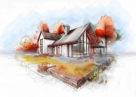 Architectural sketch of a modern house, drawing of a buildingの写真素材