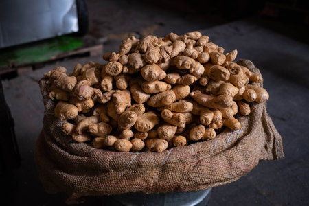 Pile of ginger for sale on marketの写真素材