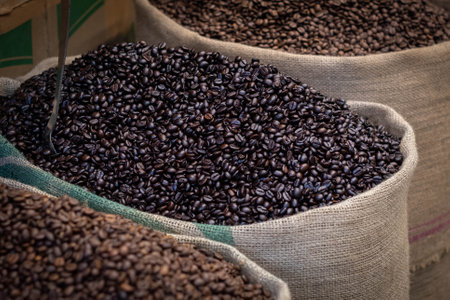 Bags of coffee beans for saleの写真素材