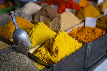 Colorful curry and spices on food market, Suq, Damascusの写真素材