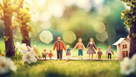 Big family concept. parents with children on meadow in summer. miniature figures of people with kids in park ,ai generatedの素材