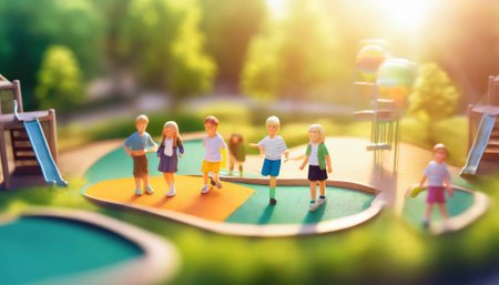 children playing on outdoor playground, group of kids play, AI generatedの素材