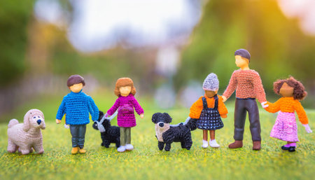 kids with dogsoutside in park. miniature figure, AI generatedの素材