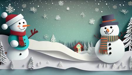 Snow man in winter landscape, Christmas decoration background, greeting card illustration. Merry Christmas , ai generatedの素材