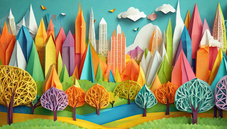 abstract landscape illustration. Colorful origami style landscape background. ai generatedの素材