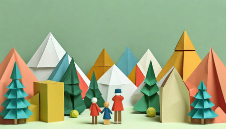 Family standing in mountain landscape. hiking or travel illustration. ai generatedの素材