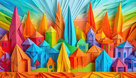 abstract city and landscape illustration. Colorful origami style cityscape and landscape background. ai generatedの素材