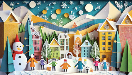 Merry Christmas illustration, Kids and Snowman in winter landscape, ai generatedの素材