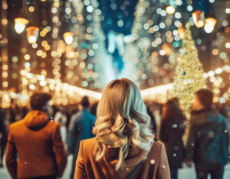 Back of a blonde woman walking on Christmas market at night. City with Christmas decorations. ai generatedの素材