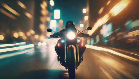 motorbike driving fast in city at night. riding motorcycle front view. ai generatedの素材