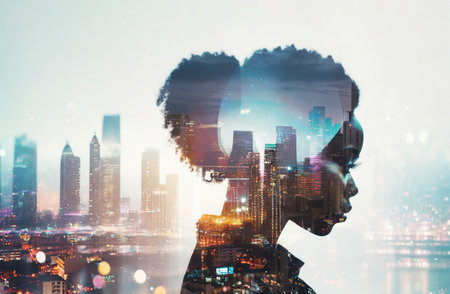 Black woman portrait with skyline of business district in background. double exposure. ai generatedの素材
