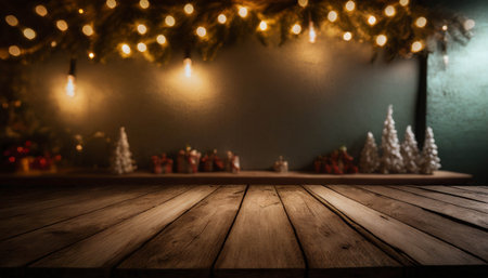 Empty wooden table with Christmas theme decoration in background. ai generatedの素材