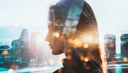 Portrait of woman with city skyline background. double exposure. ai generatedの素材