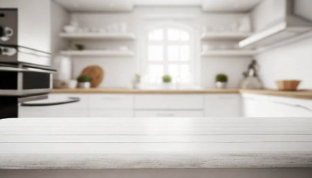 tabletop with white kitchen background. empty table in home kitchen. ai generatedの素材