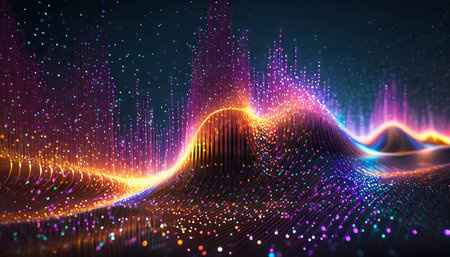 Sound wave or music visualization on black background. ai generatedの素材
