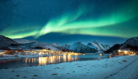 Northern lighs above village. Winter landscape. ai generatedの素材