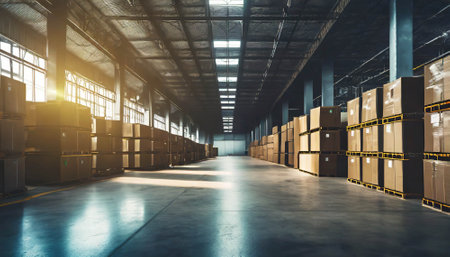 Logistics center, warehouse. Huge storage hall with stacked boxes .ai generatedの素材
