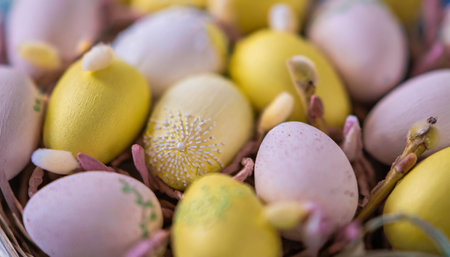 Colorful Easter Egg Decoration. Colored Eggs, Easter Background. ai generatedの素材