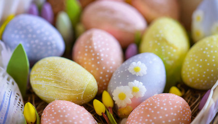 Colorful Easter Egg Decoration. Colored Eggs, Easter Background. ai generatedの素材