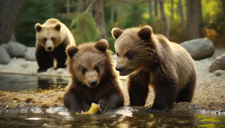 young bears eating fish at river. ai generatedの素材