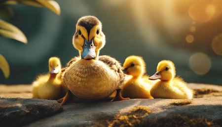 Duck family and ducklings. ai generatedの素材
