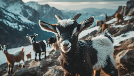 Group of young goats in mountain landscape. ai generatedの素材