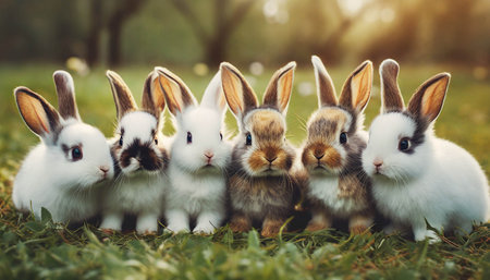 Row of cute bunnies on meadow. Rabbits in line on grass. ai generatedの素材