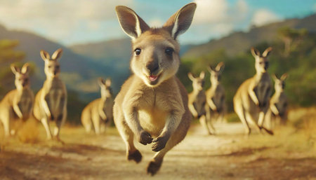 Young kangaroo jumping towards camera. ai generatedの素材