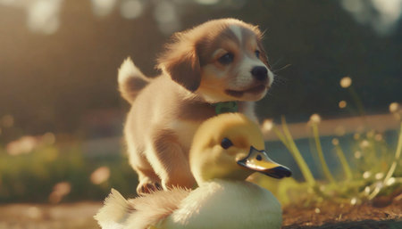 Cute young duckling and dog outdoor. ai generatedの素材