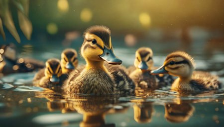Duck family and ducklings swimming on lake. ai generatedの素材