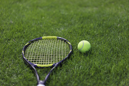Tennis ball with racket on wet grass after rainingの写真素材
