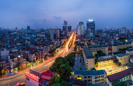 Aerial view of Hanoi skyline cityscape at sunset time at intersection Nguyen Chi Thanh - Lang - Tran Duy Hung streetの写真素材