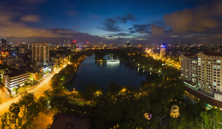 Hanoi skyline cityscape at twilight. Thu Le lake, Cau Giay districtの写真素材